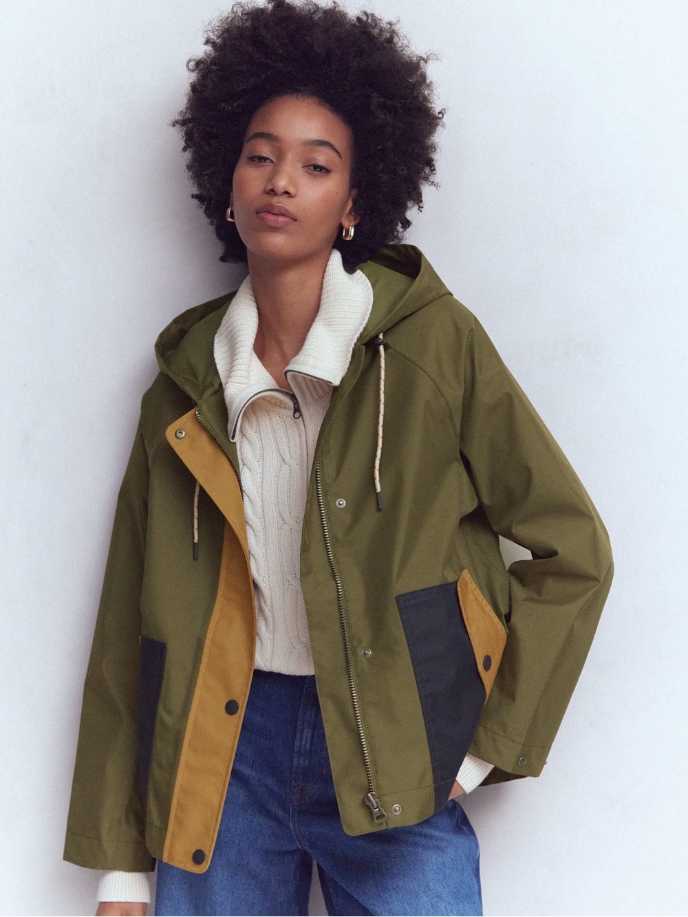 Boden Olive Hooded Utility Jacket with Tan & Black Accents